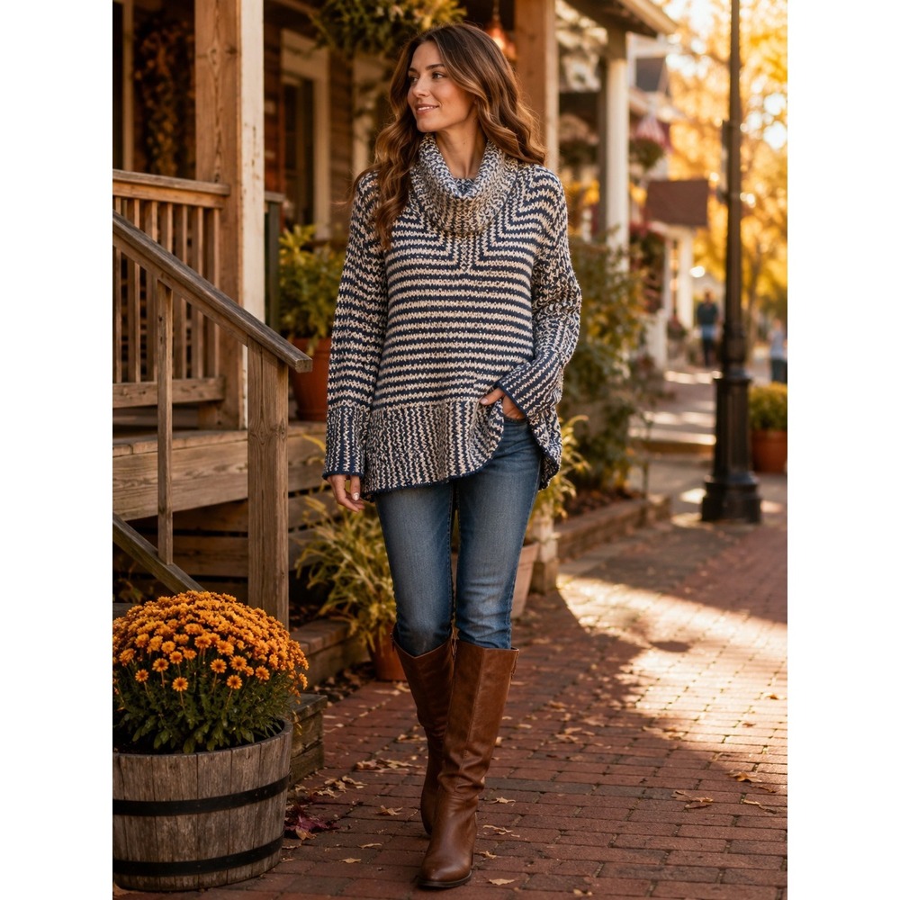Willow & Clay Sweater Women's Small Blue Cream Marled Cowl Neck Chunky Knit